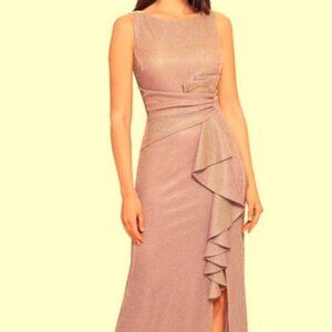 Betsy & Adam Rose Gold Glitter Cascading Ruffle Gown